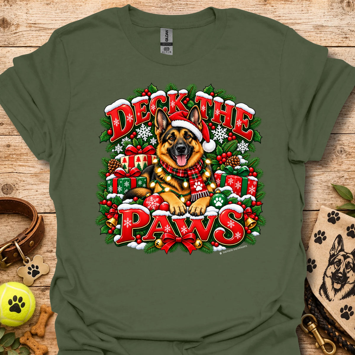 Military green T-shirt with “Deck the Paws” holiday dog wreath graphic, crew neck