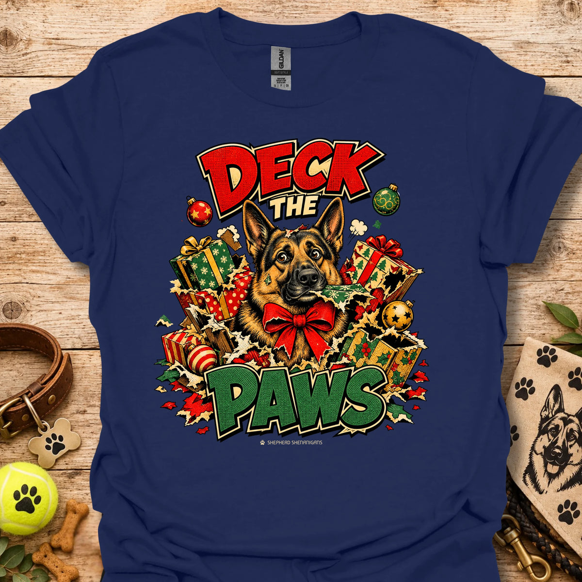 Navy crew-neck T-shirt with holiday dog and gift graphic print