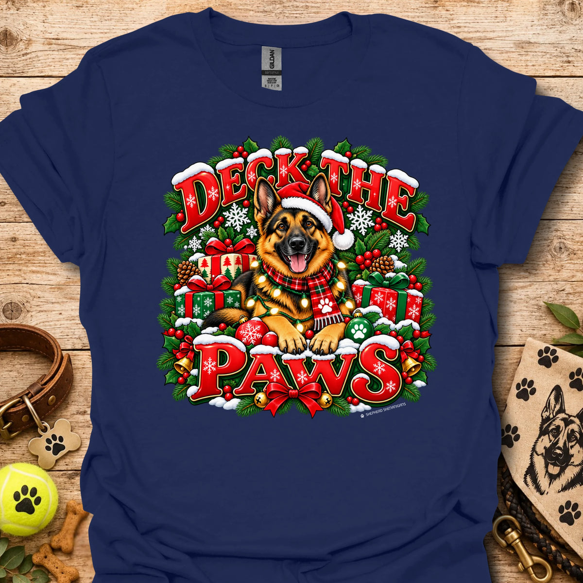 Navy T-shirt with “Deck the Paws” holiday dog wreath graphic, crew neck