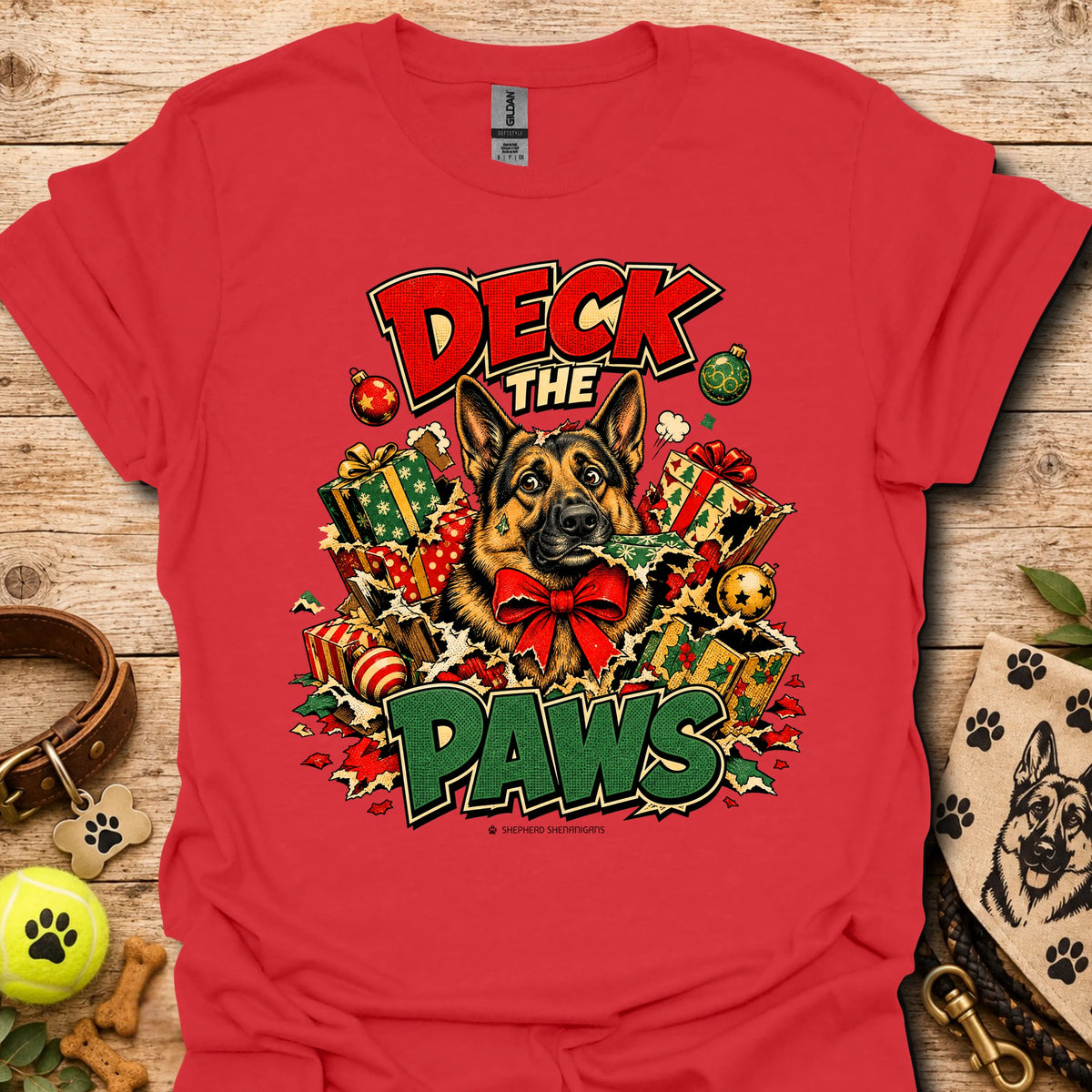 Red crew-neck T-shirt with holiday dog and gift graphic print