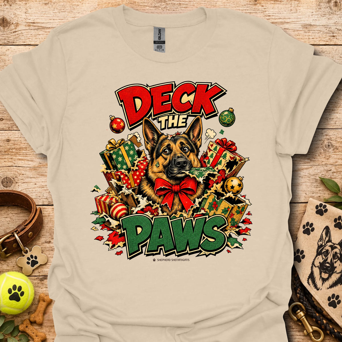 Sand beige crew-neck T-shirt with holiday dog and gift graphic print