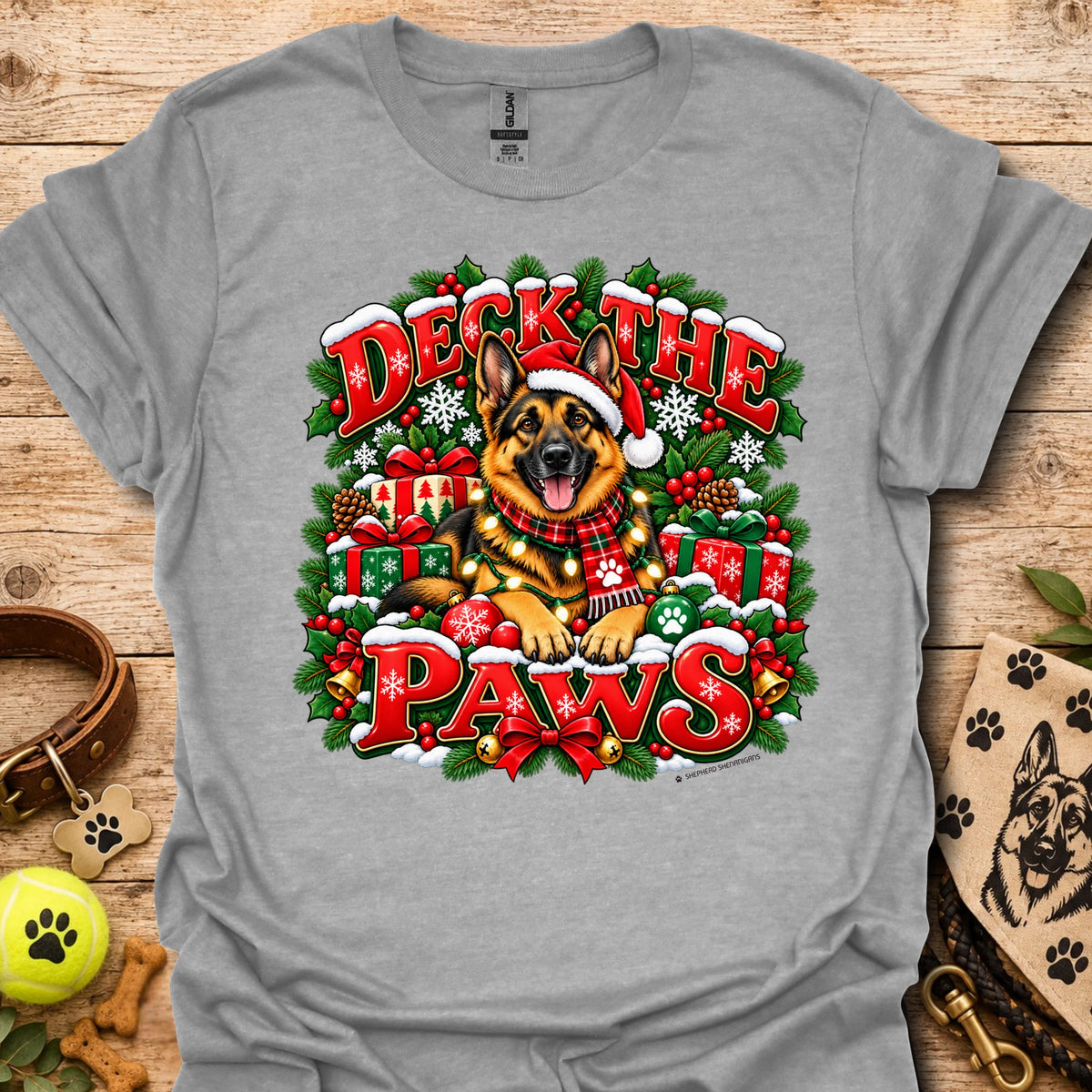 Sport grey T-shirt with “Deck the Paws” holiday dog wreath graphic, crew neck