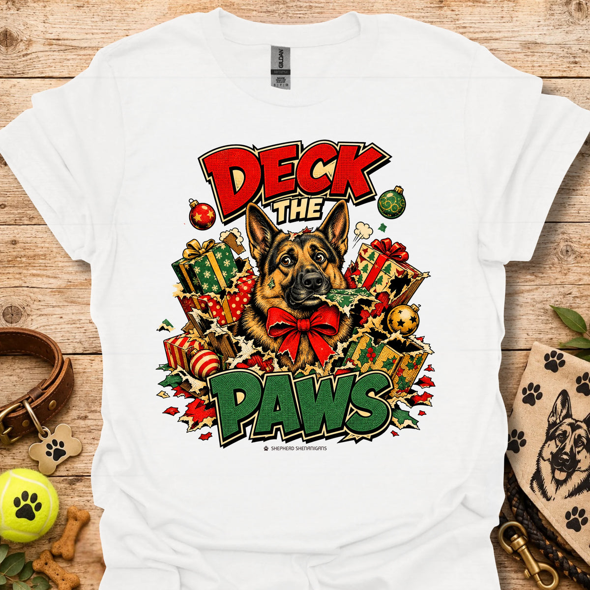 White crew-neck T-shirt with holiday dog and gift graphic print