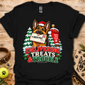 Black T-shirt with colorful dog and holiday "Delivering Treats & Trouble" graphic