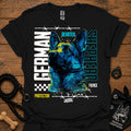Graphic German Shepherd T-shirt in black with blue and yellow front print.