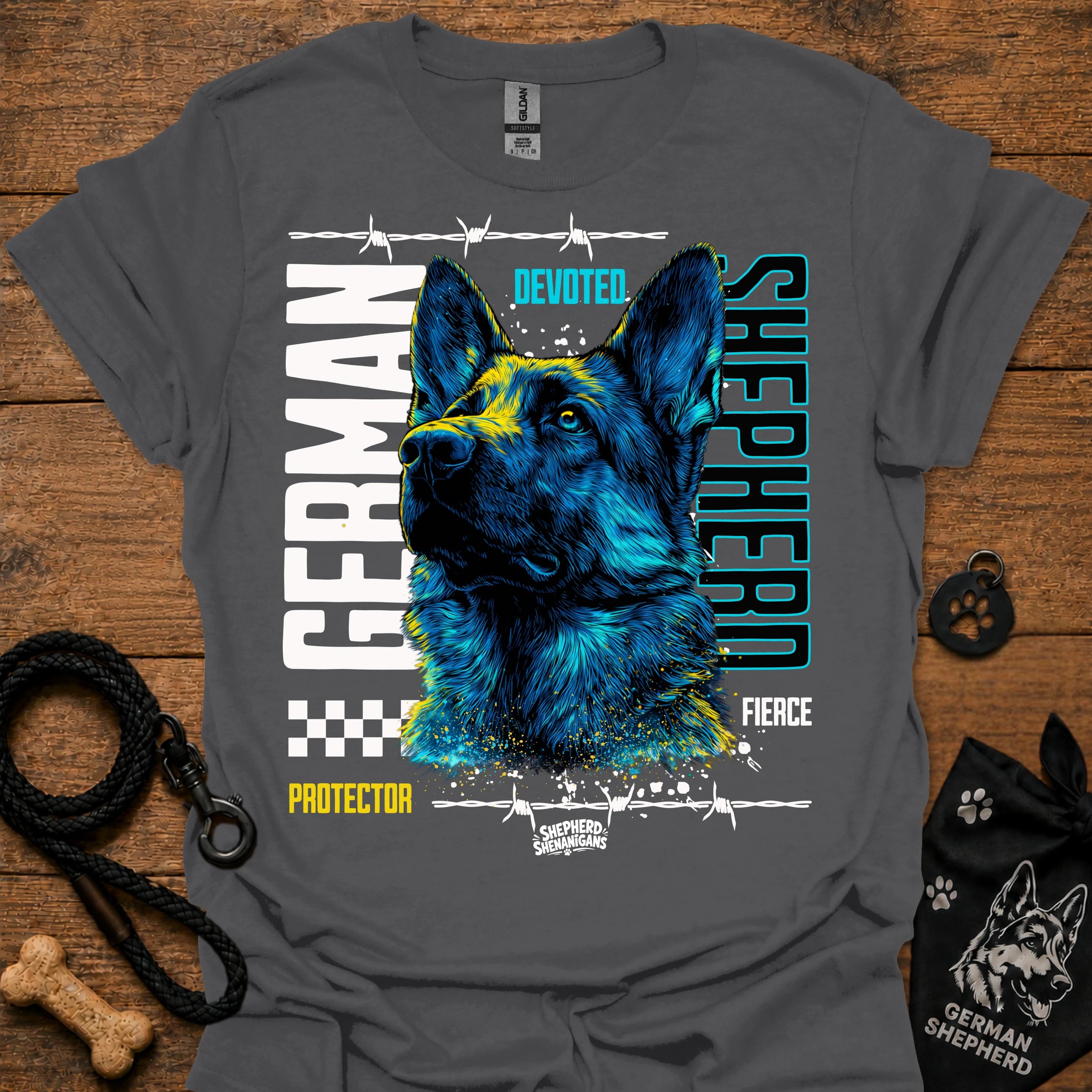 Graphic German Shepherd T-shirt in charcoal gray with blue and yellow front print.