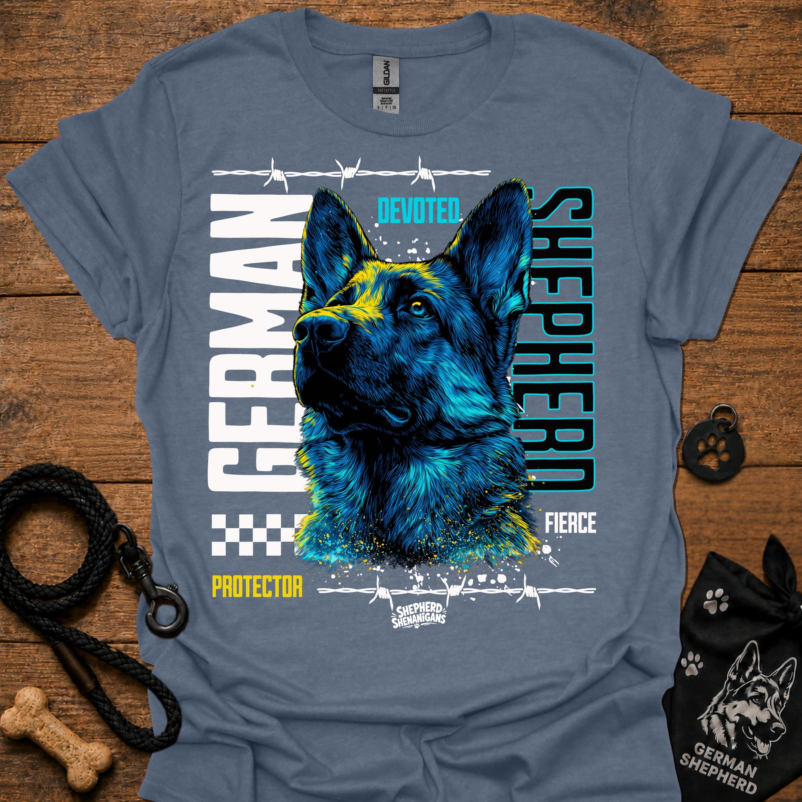 Graphic German Shepherd T-shirt in heather indigo blue with blue and yellow front print.
