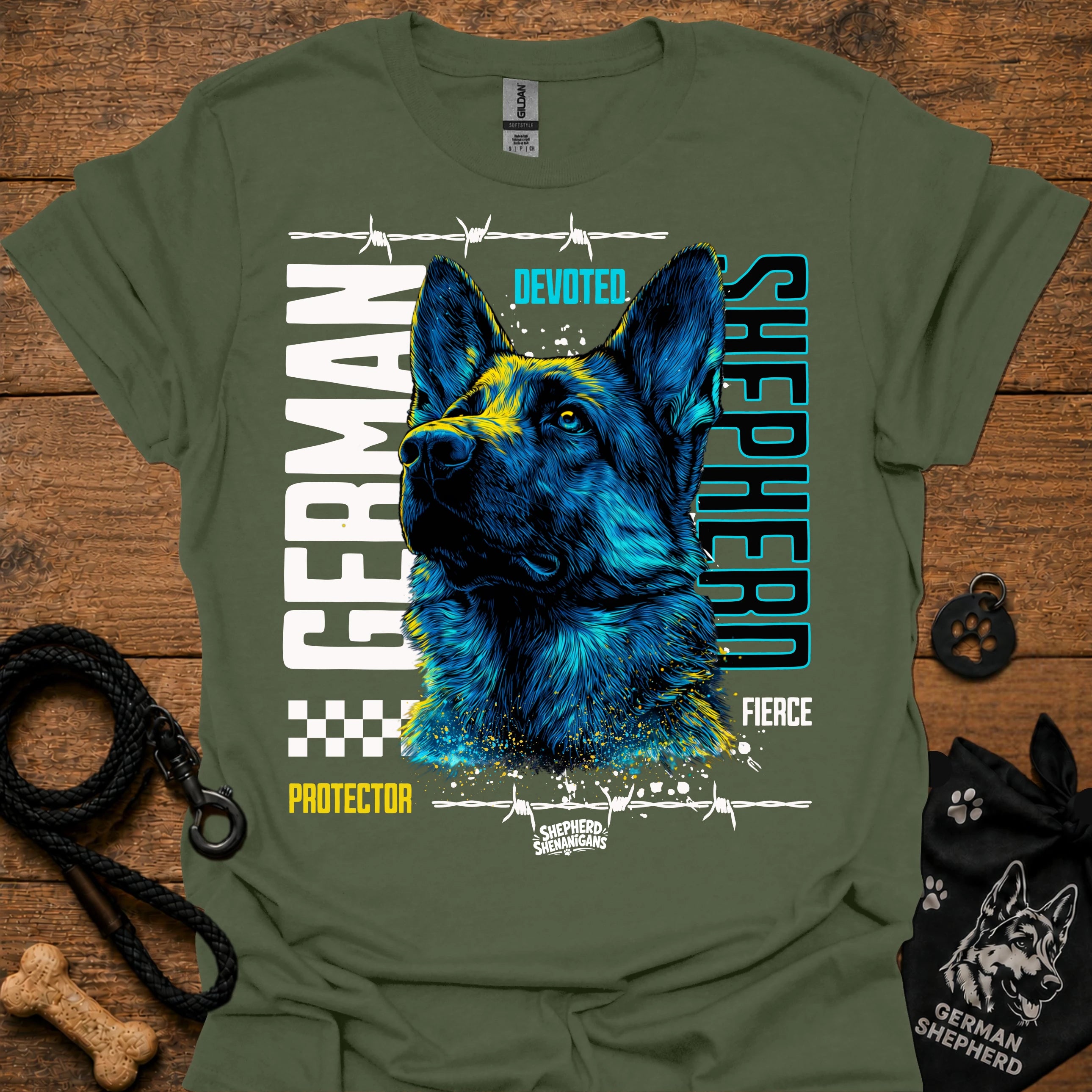 Graphic German Shepherd T-shirt in military green with blue and yellow front print.