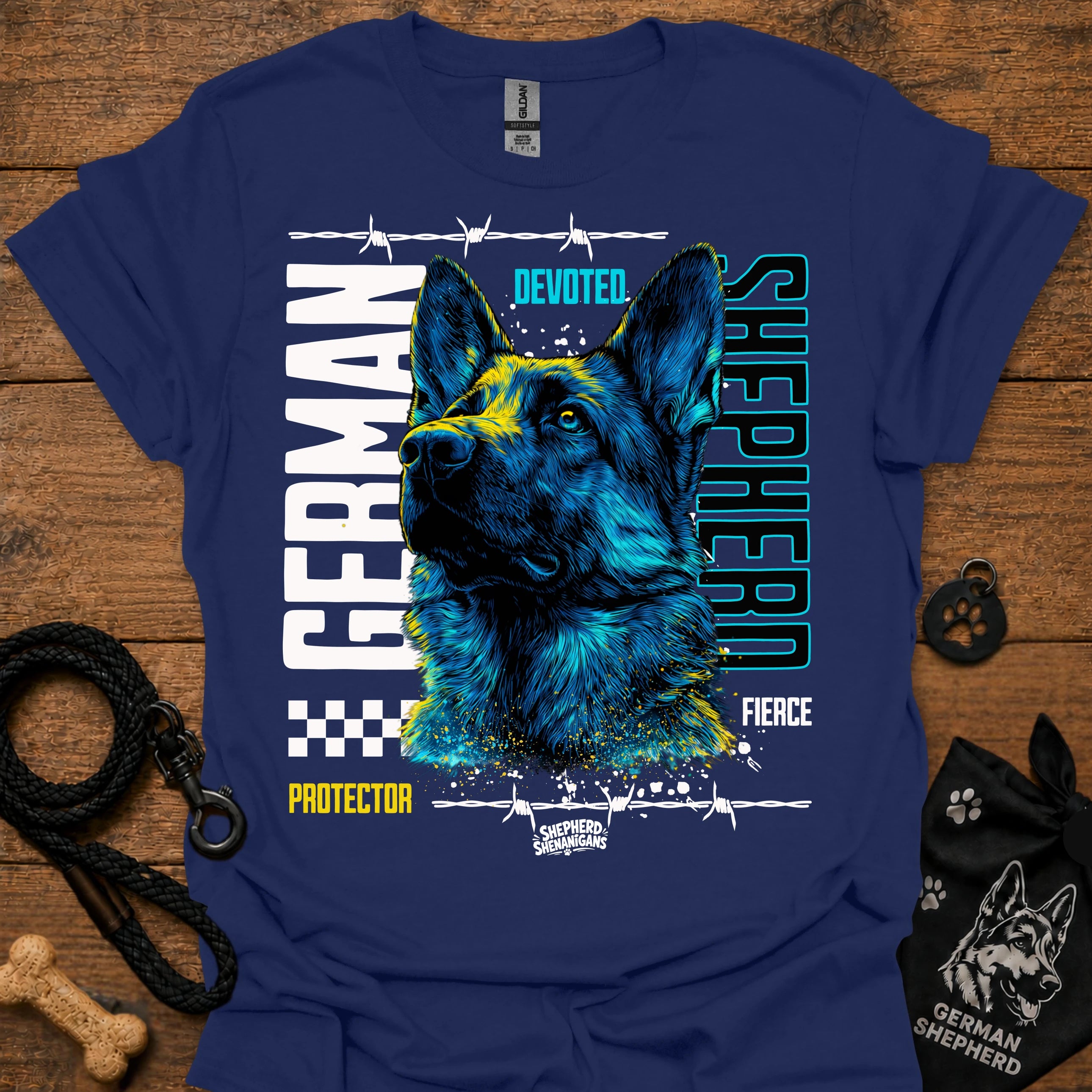 Graphic German Shepherd T-shirt in navy blue with blue and yellow front print.