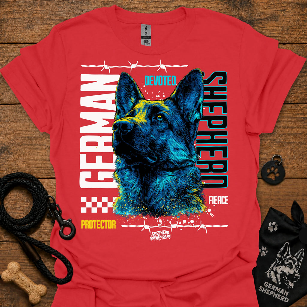 Graphic German Shepherd T-shirt in red with blue and yellow front print.