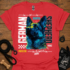 Graphic German Shepherd T-shirt in red with blue and yellow front print.