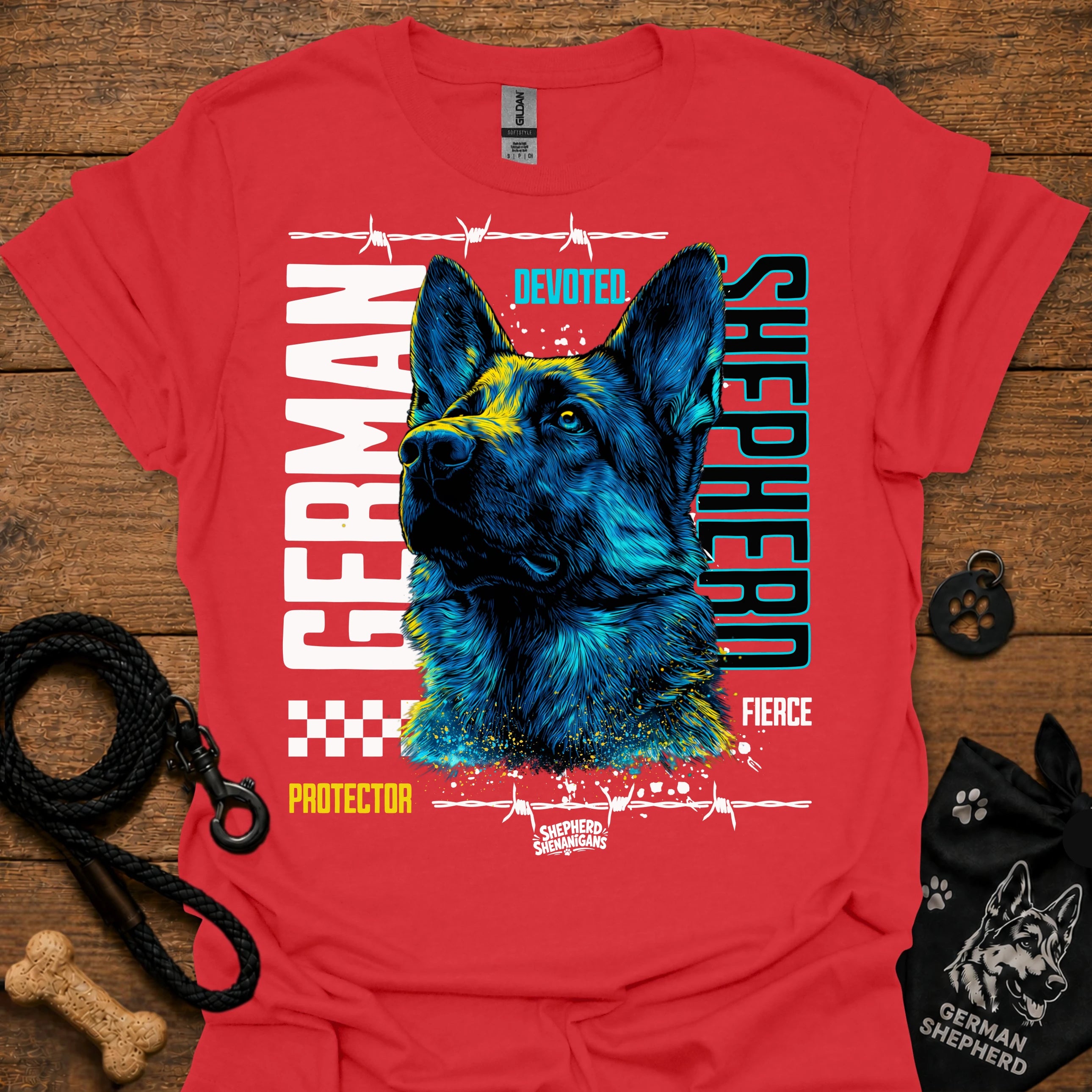 Graphic German Shepherd T-shirt in red with blue and yellow front print.