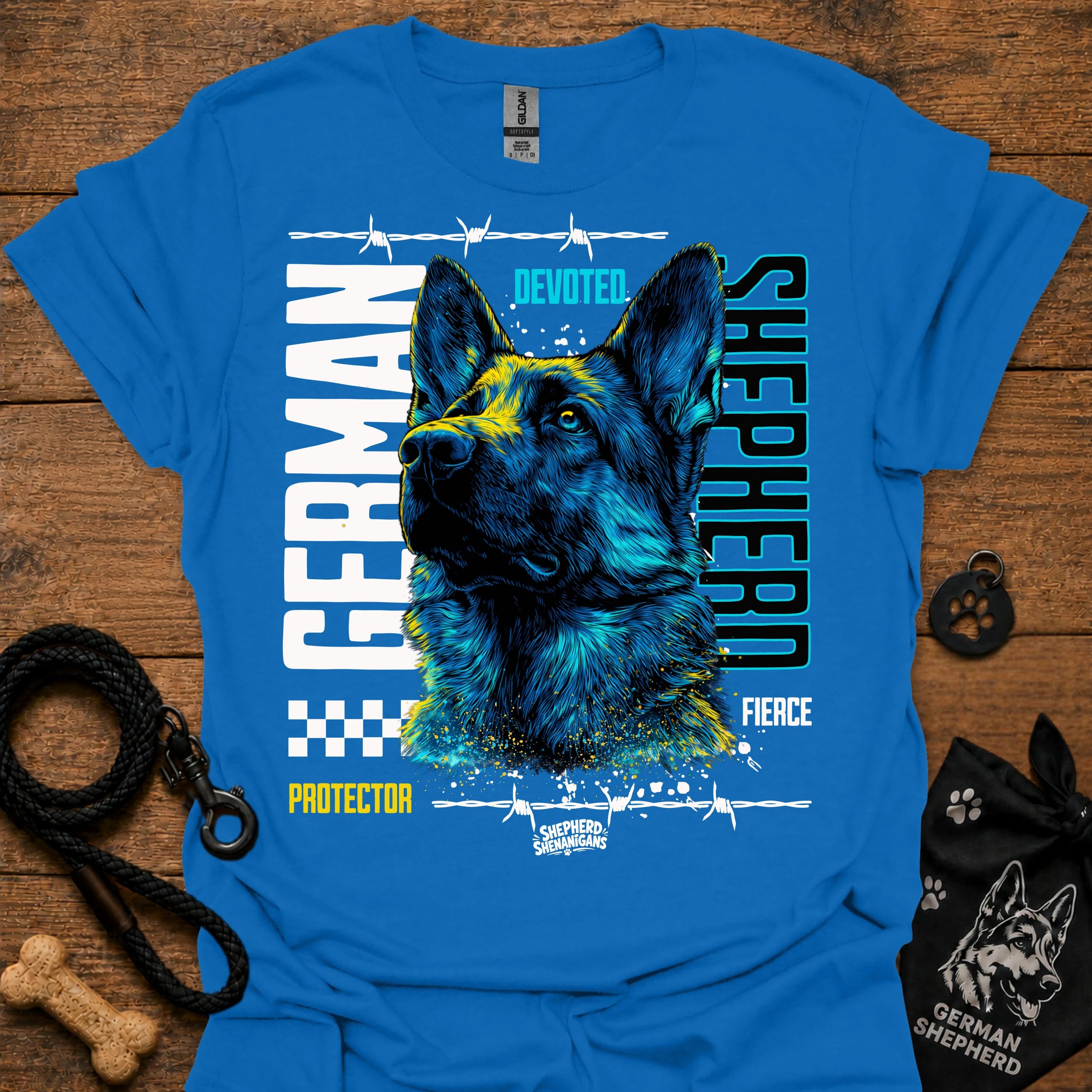 Graphic German Shepherd T-shirt in bright blue with blue and yellow front print.