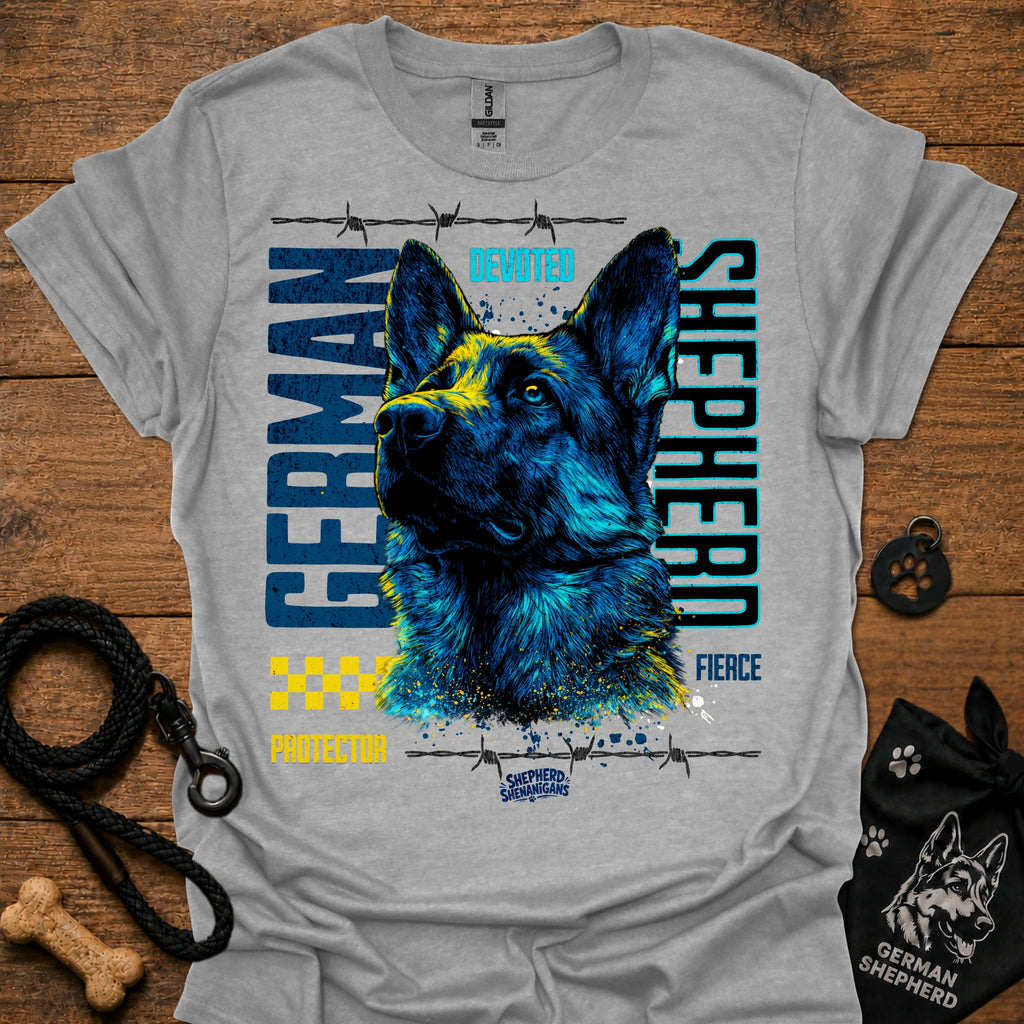 Graphic German Shepherd T-shirt in light heather gray with blue and yellow front print.