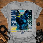 Graphic German Shepherd T-shirt in light heather gray with blue and yellow front print.