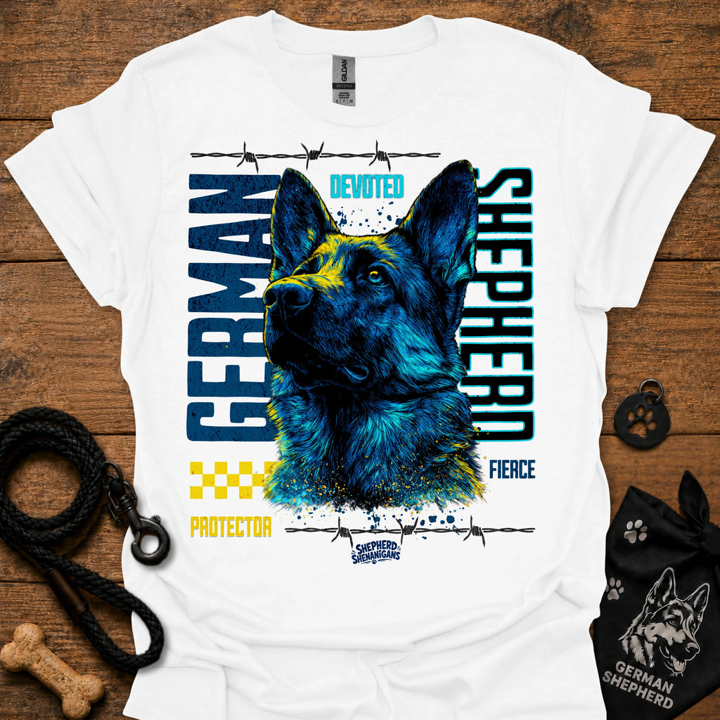 Graphic German Shepherd T-shirt in white with blue and yellow front print.