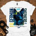 Graphic German Shepherd T-shirt in white with blue and yellow front print.