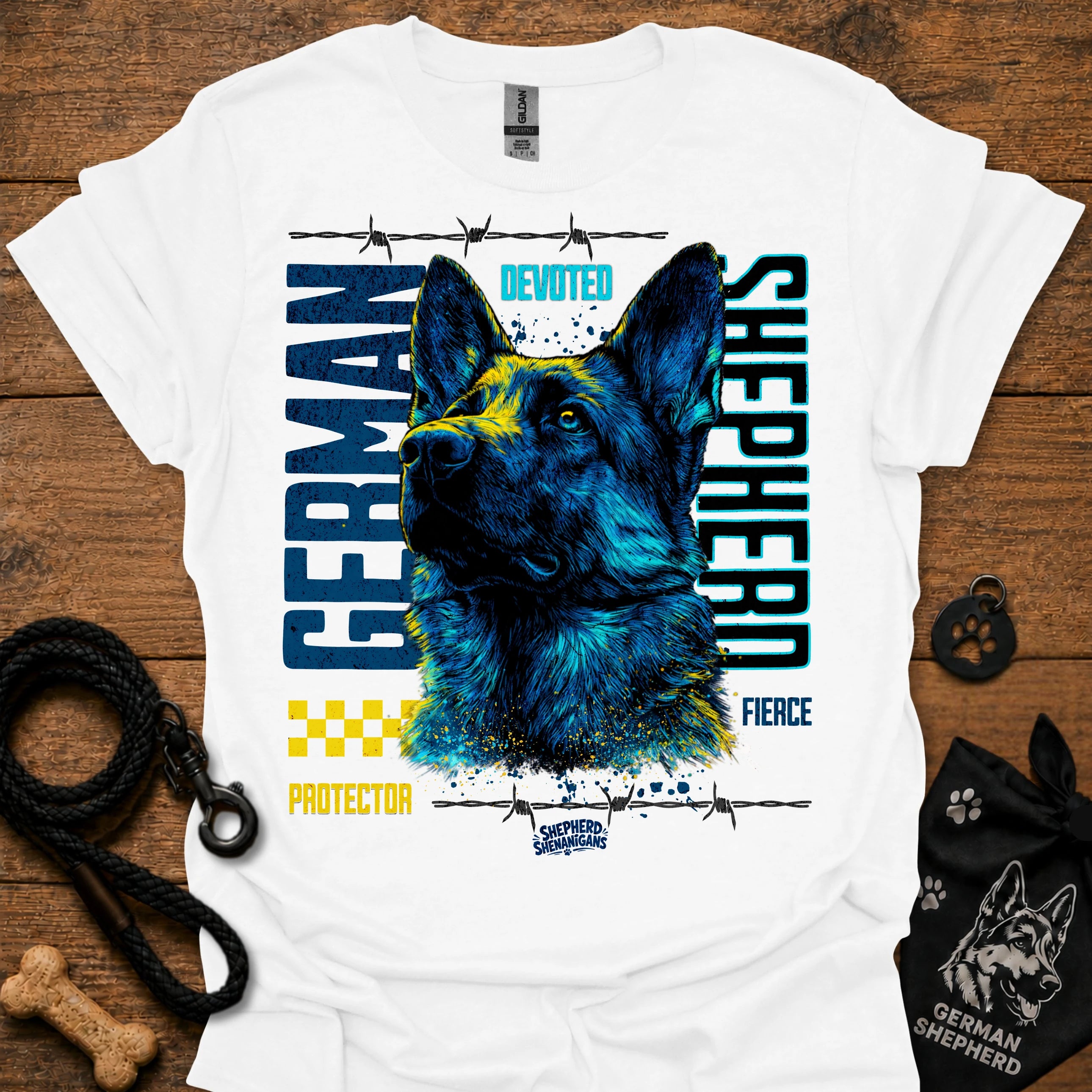 Graphic German Shepherd T-shirt in white with blue and yellow front print.