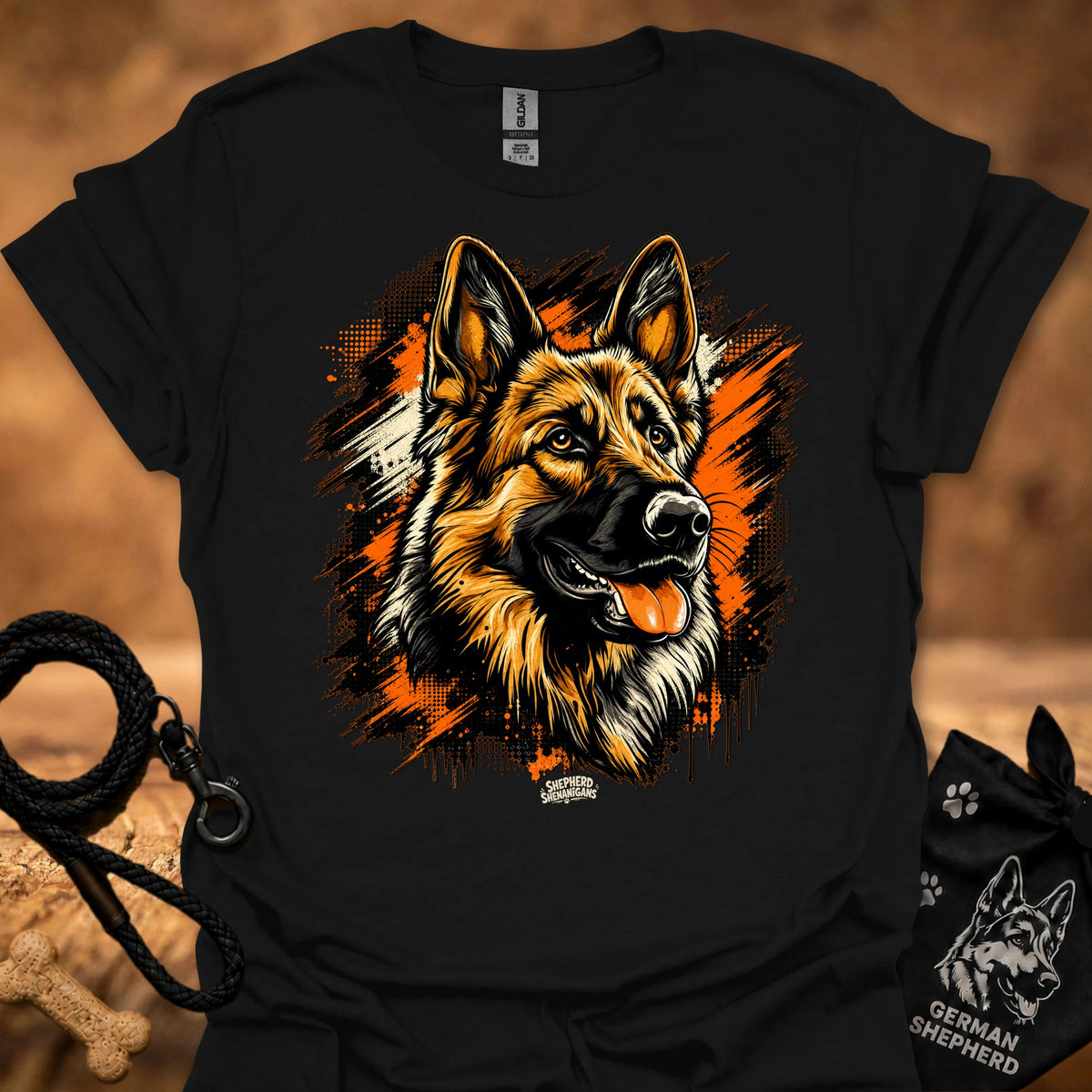 Black T-shirt with German shepherd head front graphic