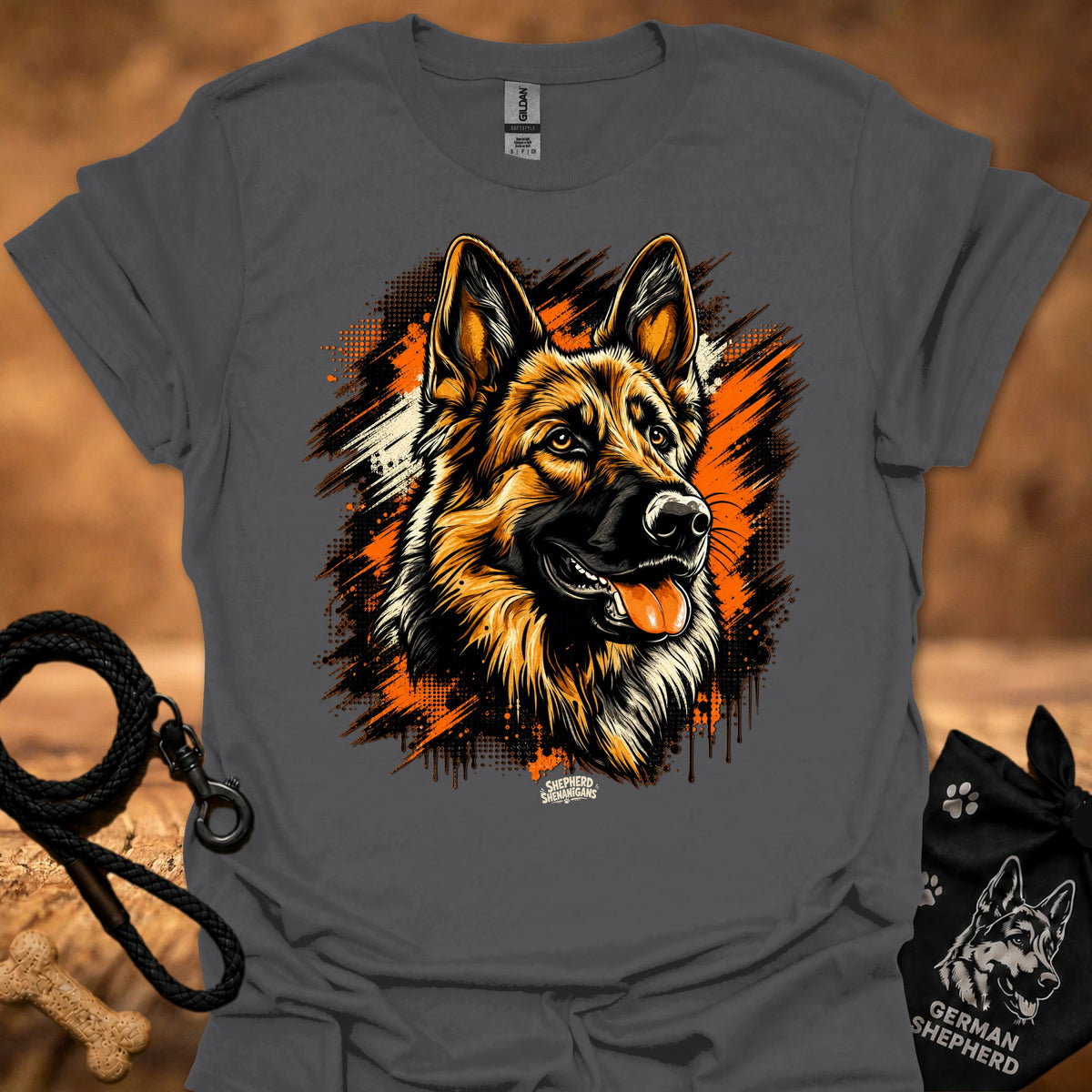 Charcoal T-shirt with German shepherd head front graphic