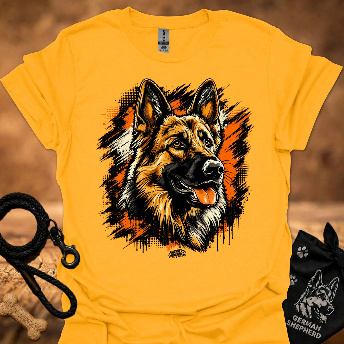 Gold T-shirt with German shepherd head front graphic