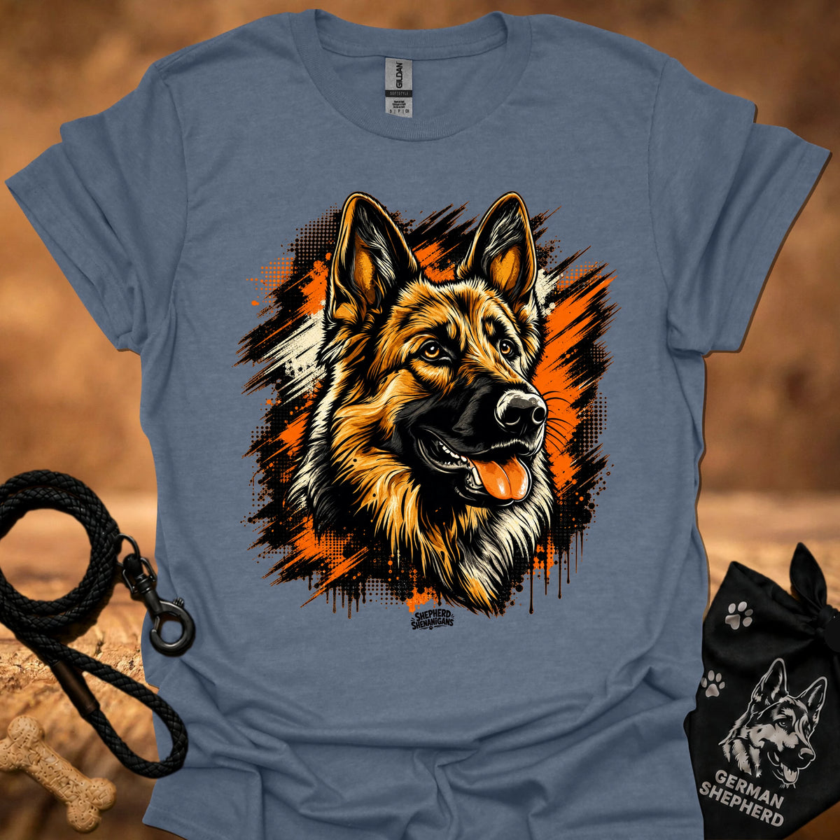 Heathered blue T-shirt with German shepherd head front graphic