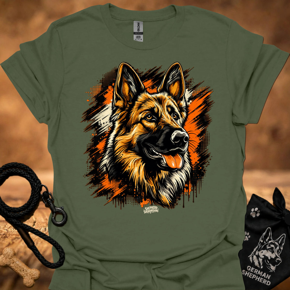 Military green T-shirt with German shepherd head front graphic