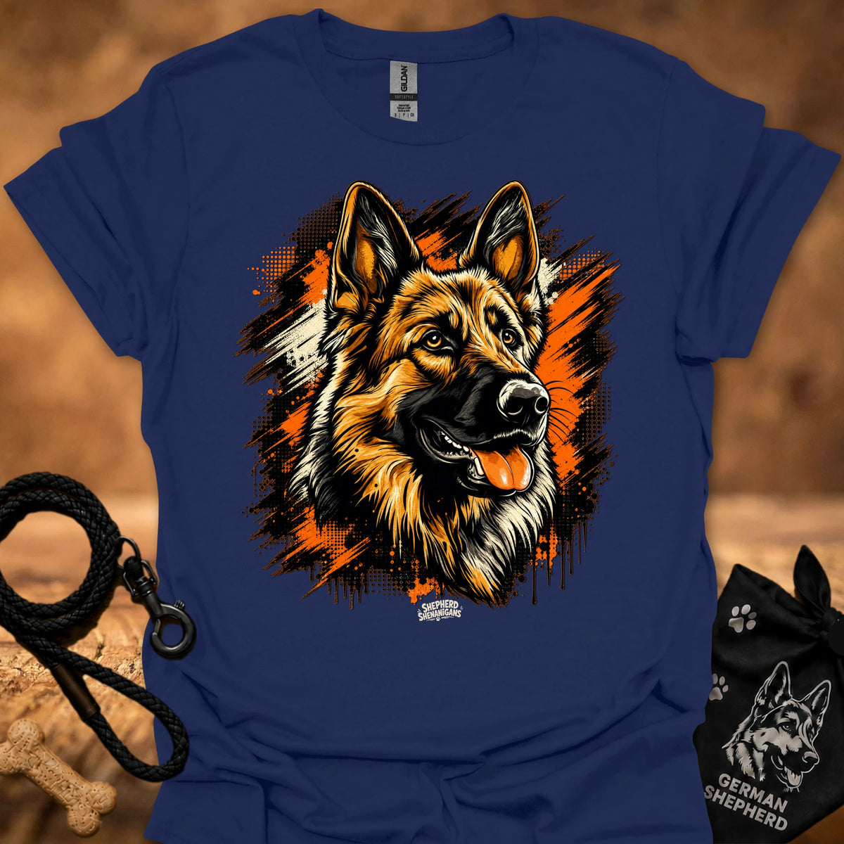Navy T-shirt with German shepherd head front graphic