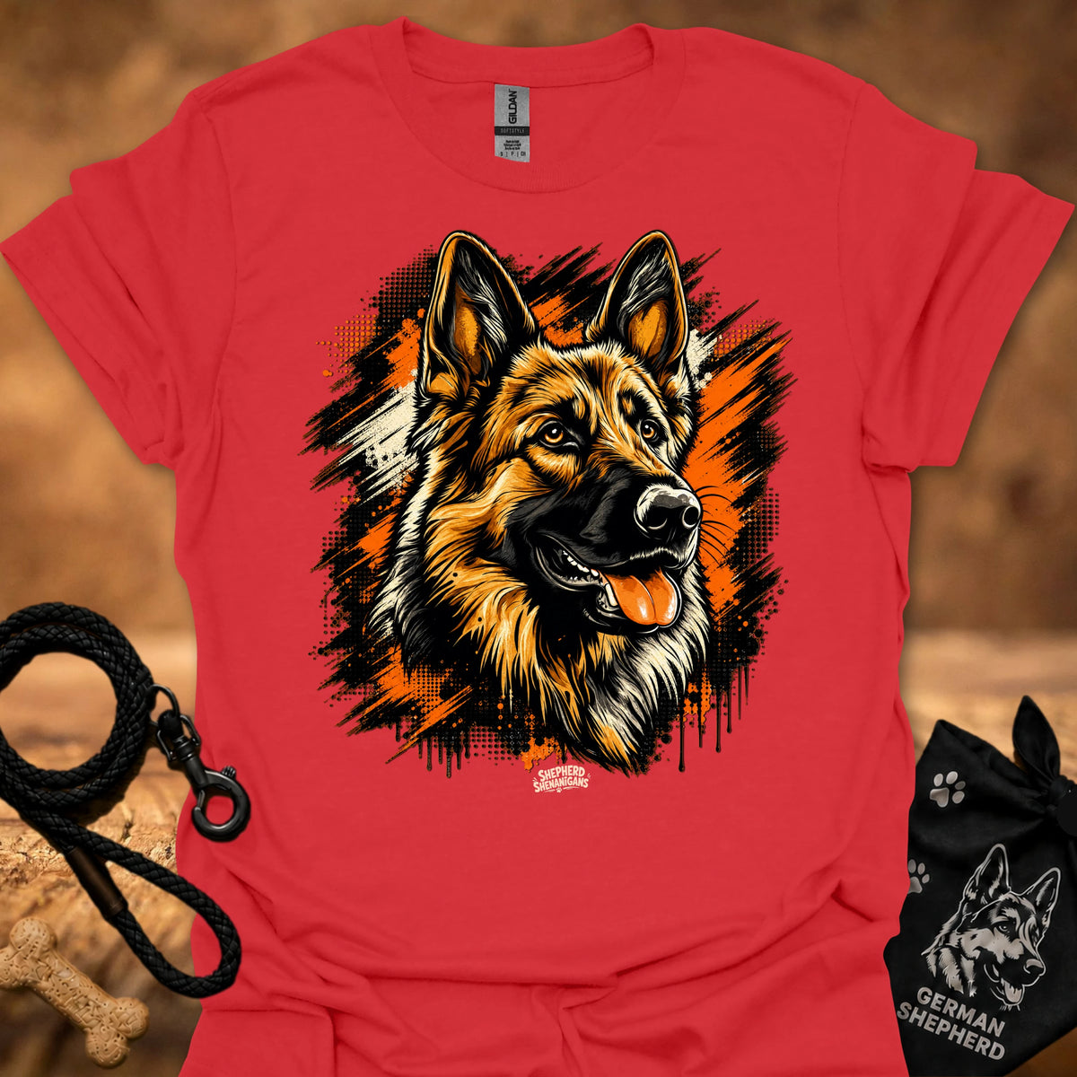 Red T-shirt with German shepherd head front graphic
