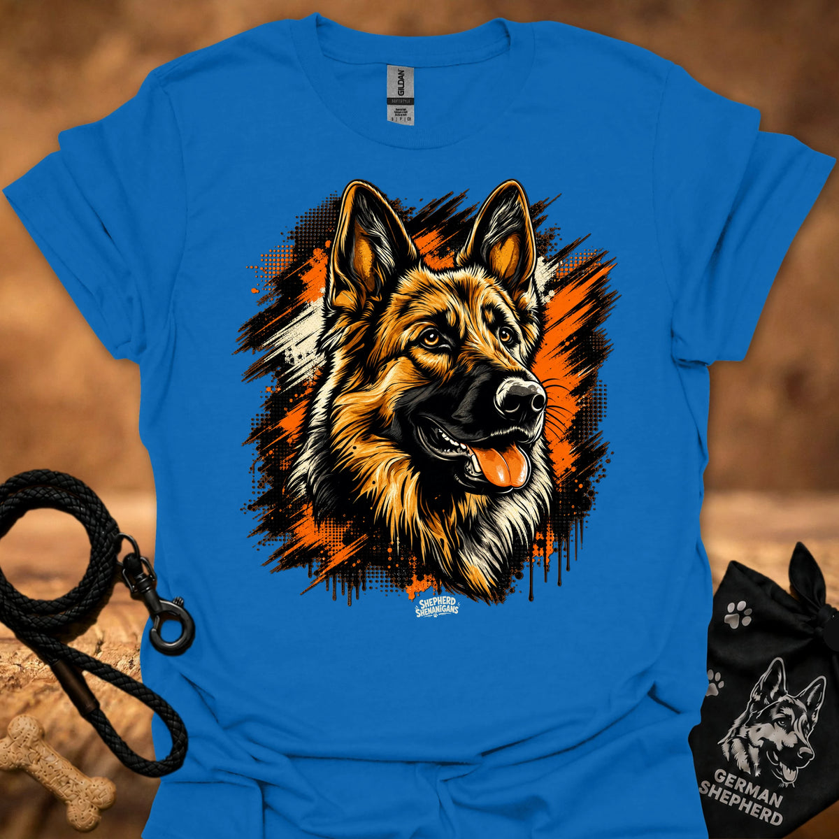 Royal blue T-shirt with German shepherd head front graphic