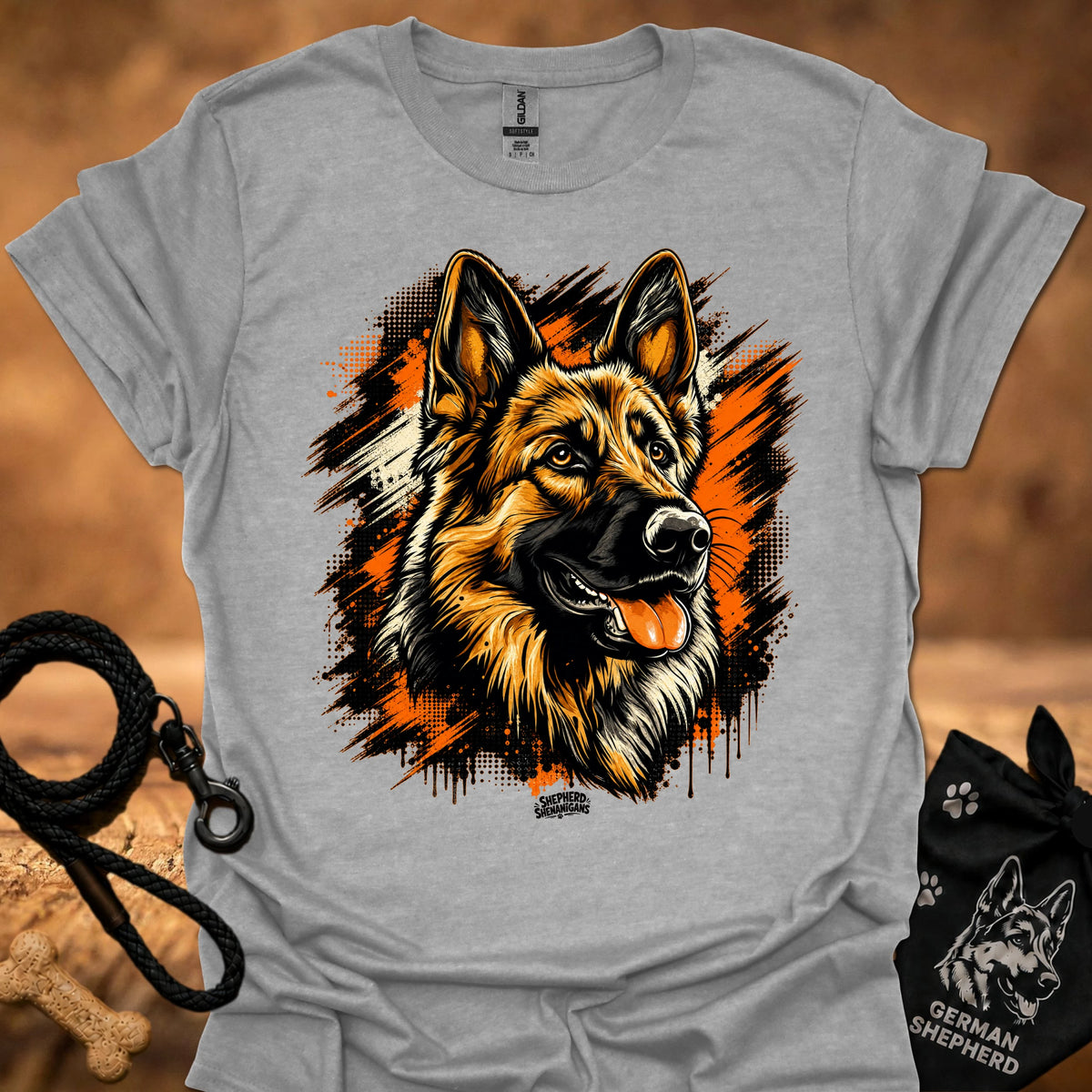 Light gray T-shirt with German shepherd head front graphic