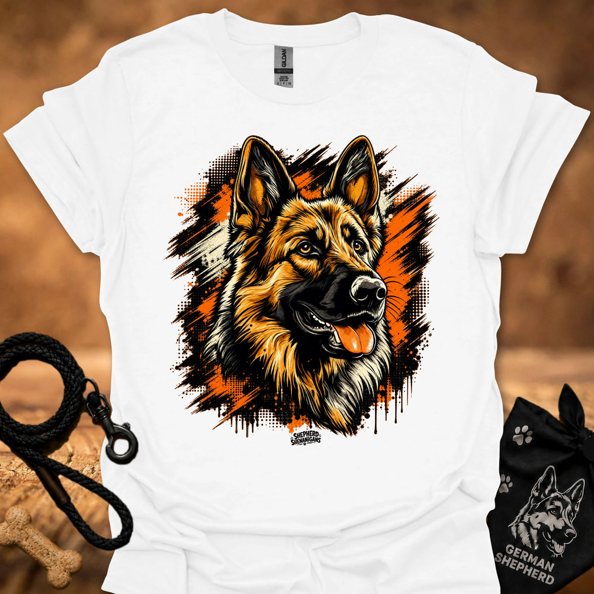 White T-shirt with German shepherd head front graphic