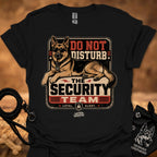Black graphic T-shirt with security dog and "Do Not Disturb" text