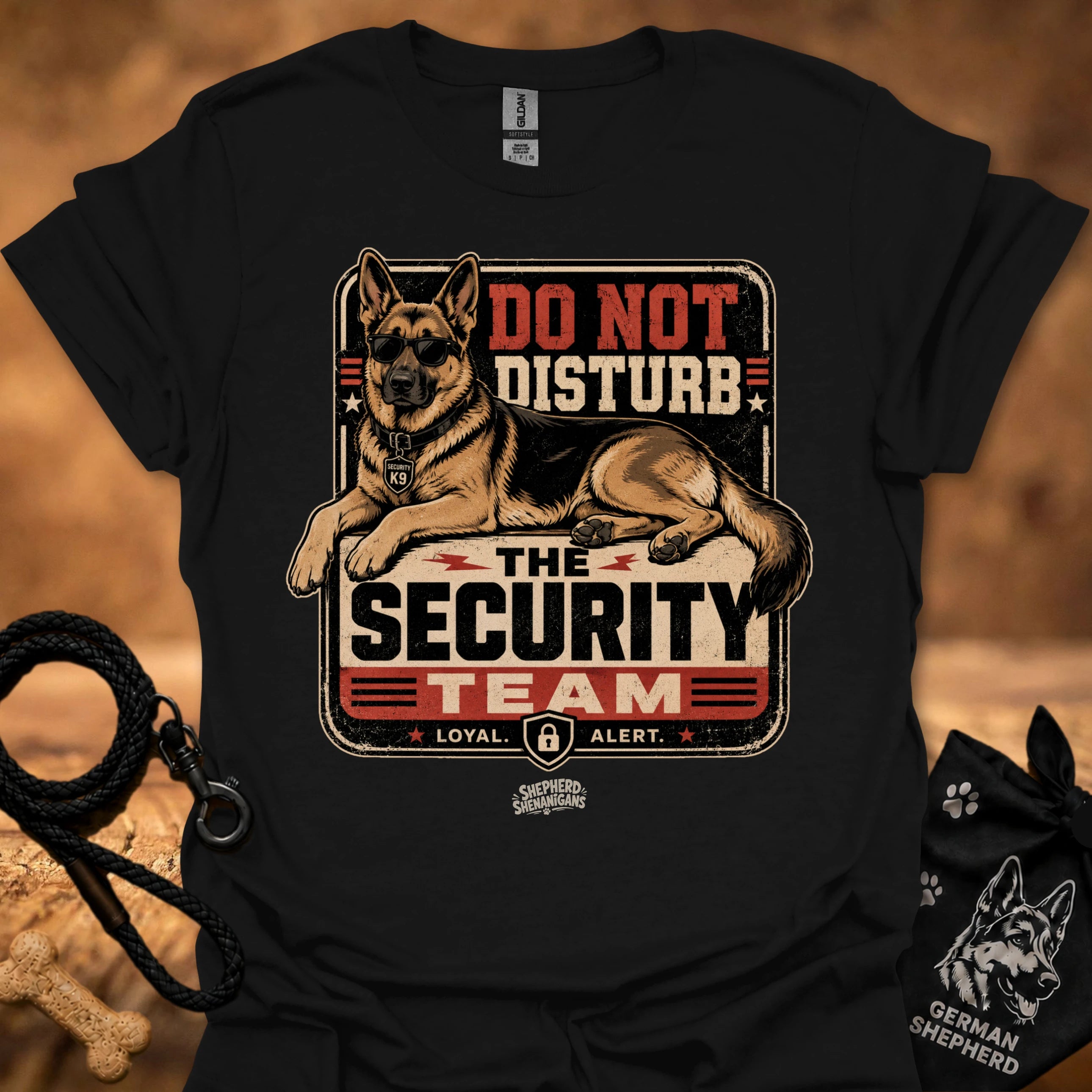 Black graphic T-shirt with security dog and "Do Not Disturb" text