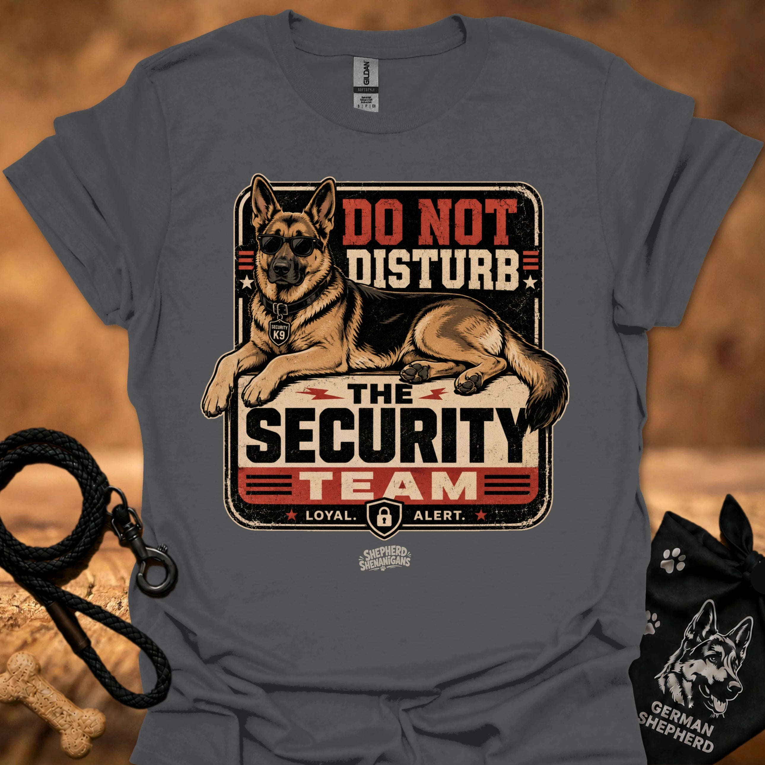 Dark gray graphic T-shirt with security dog and "Do Not Disturb" text