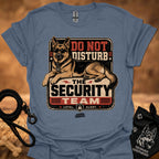 Heather blue graphic T-shirt with security dog and "Do Not Disturb" text