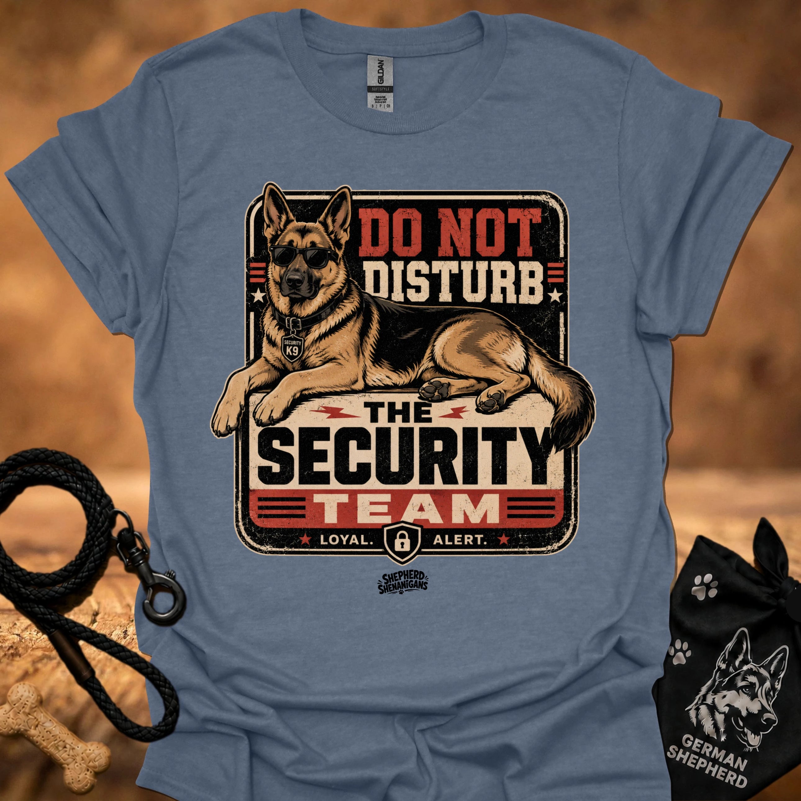 Heather blue graphic T-shirt with security dog and "Do Not Disturb" text