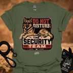 Military green graphic T-shirt with security dog and "Do Not Disturb" text