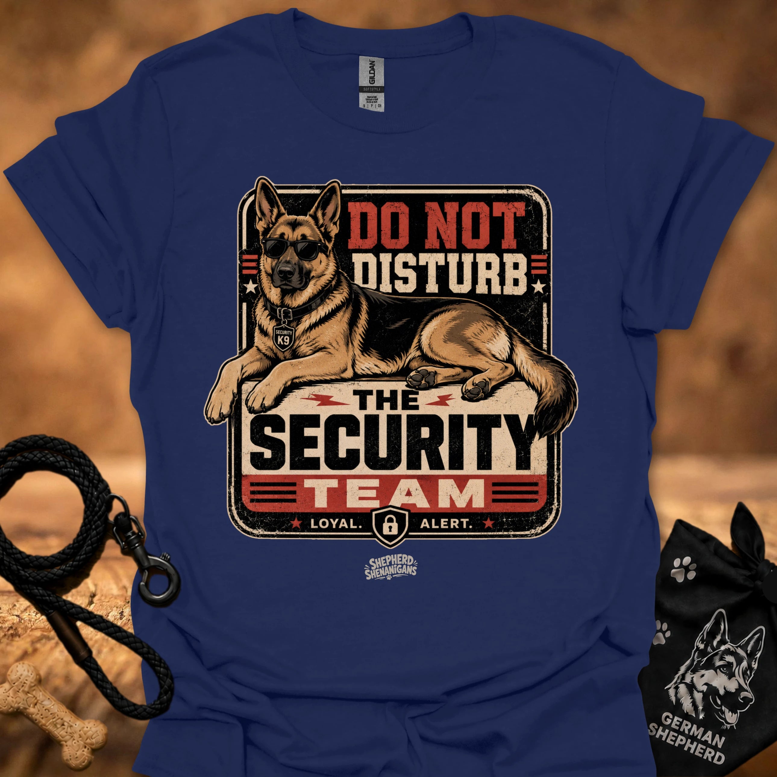 Navy graphic T-shirt with security dog and "Do Not Disturb" text