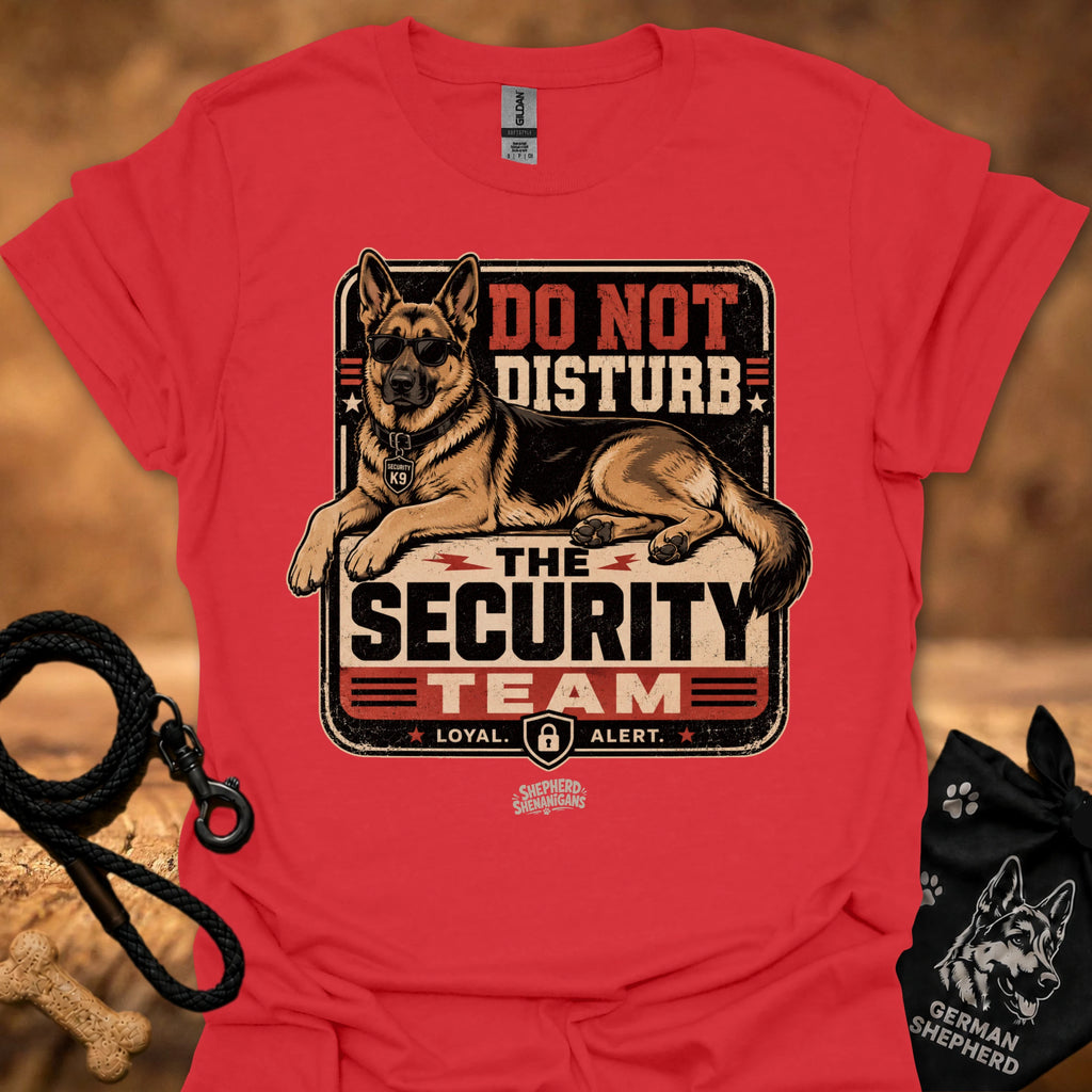 Red graphic T-shirt with security dog and "Do Not Disturb" text