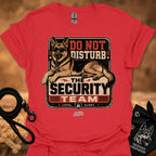 Red graphic T-shirt with security dog and "Do Not Disturb" text