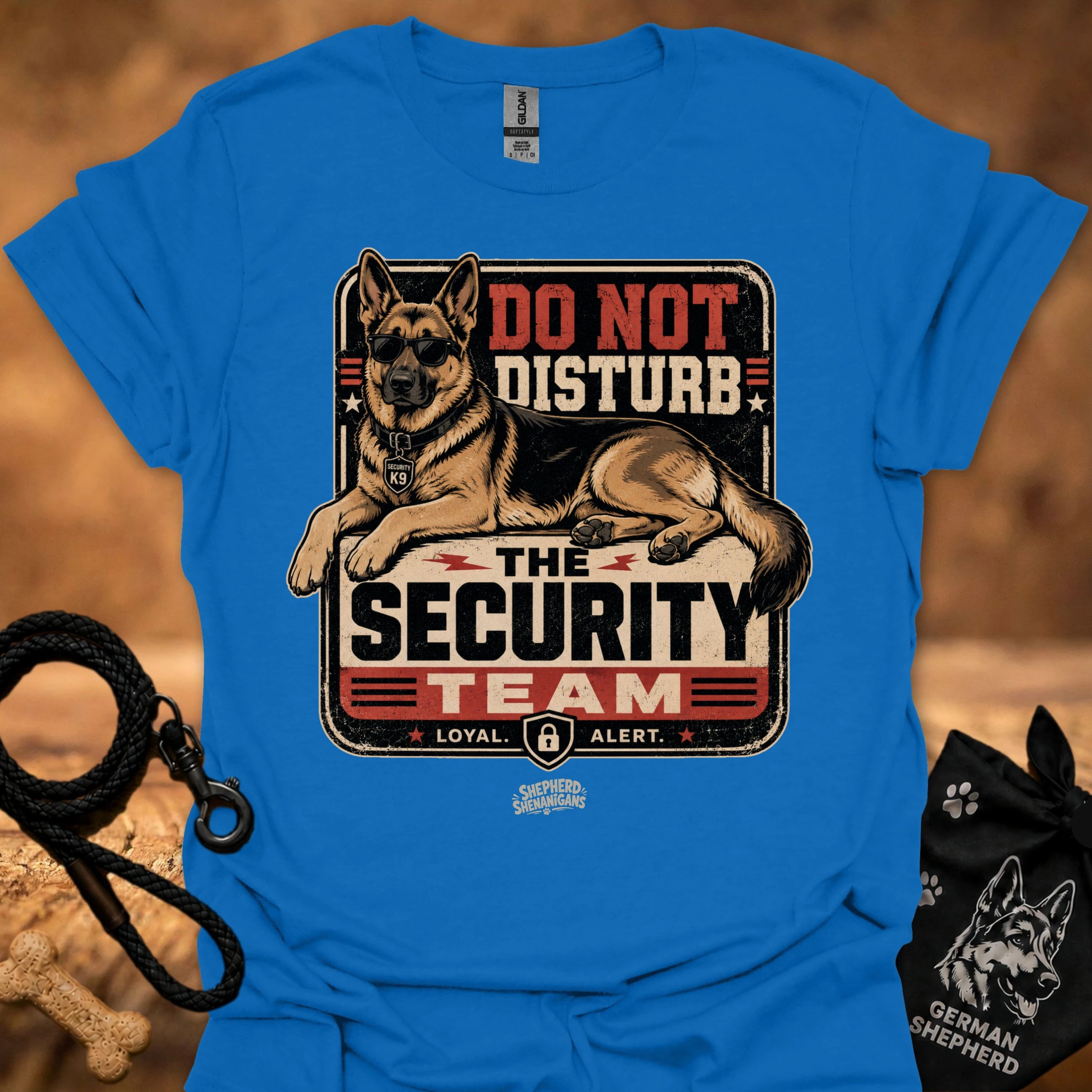 Royal blue graphic T-shirt with security dog and "Do Not Disturb" text