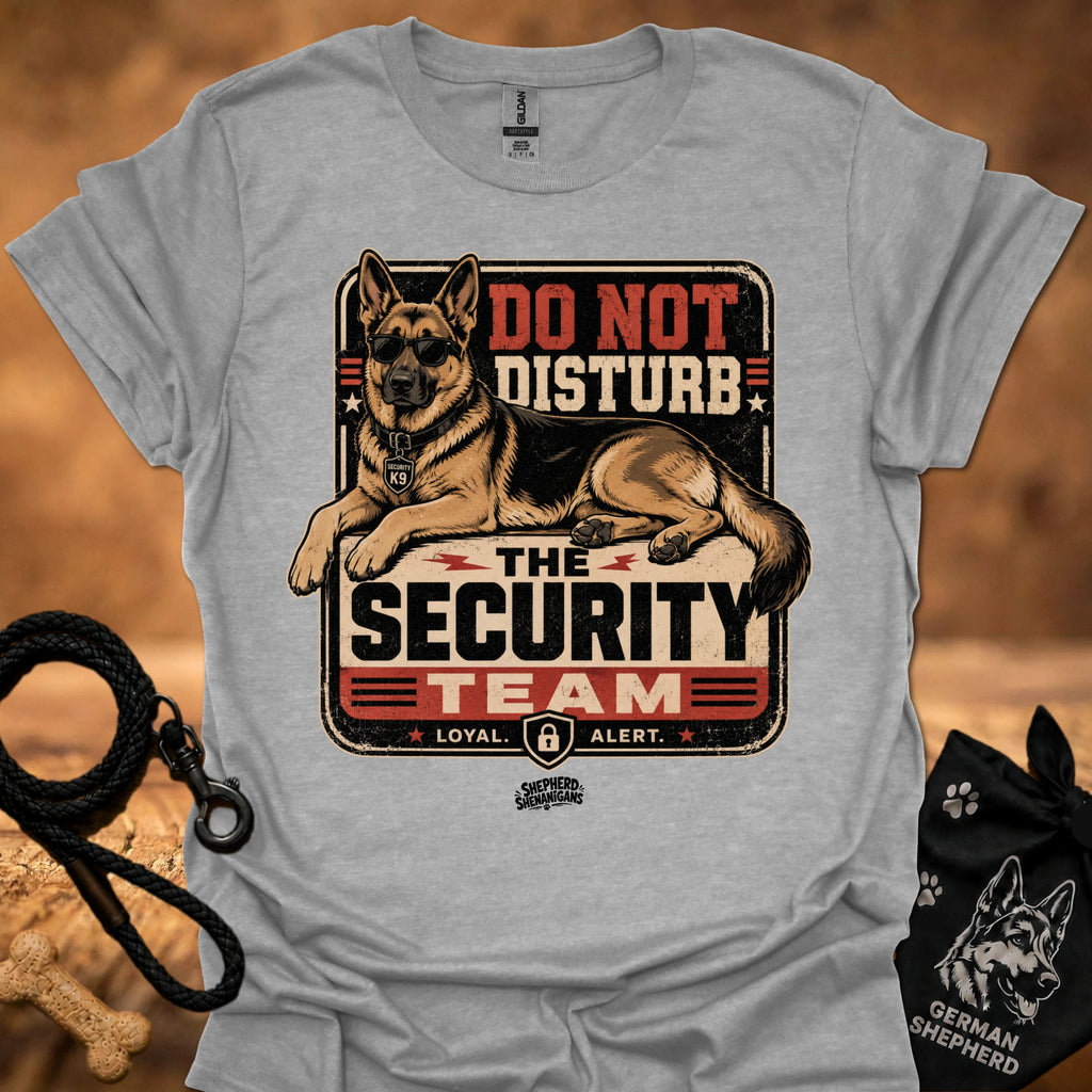 Light gray graphic T-shirt with security dog and "Do Not Disturb" text