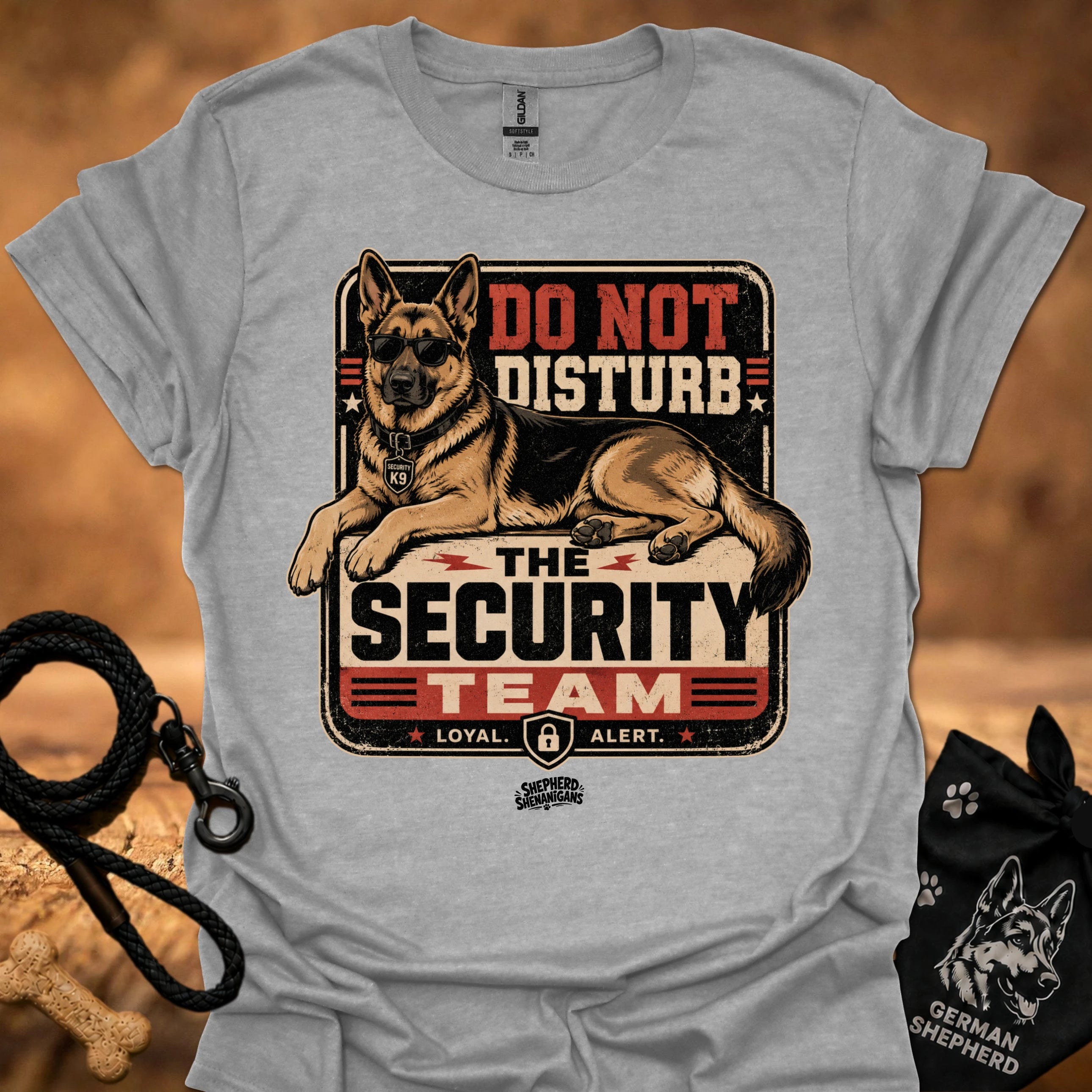 Light gray graphic T-shirt with security dog and "Do Not Disturb" text