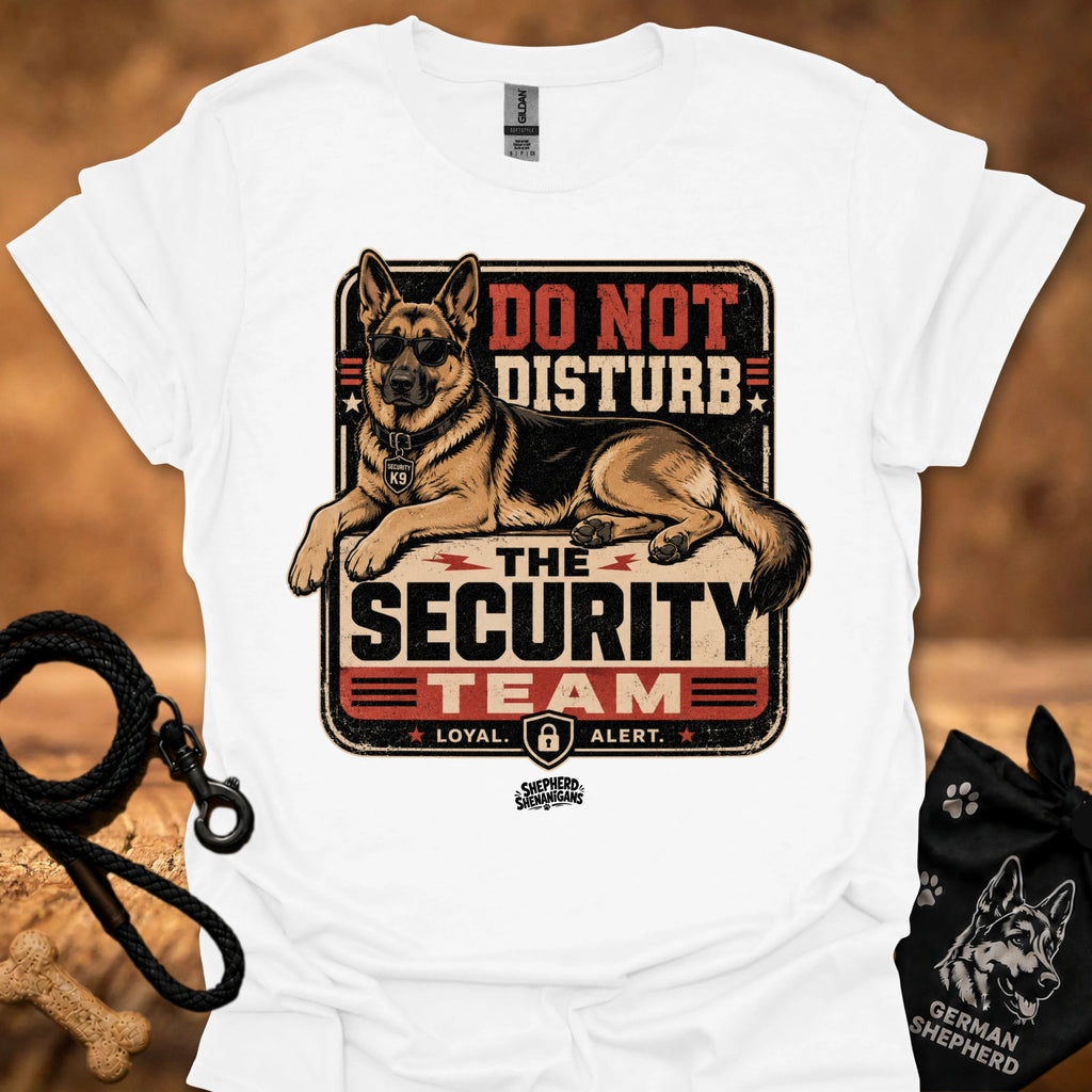 White graphic T-shirt with security dog and "Do Not Disturb" text