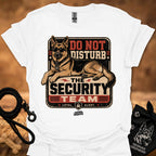 White graphic T-shirt with security dog and "Do Not Disturb" text