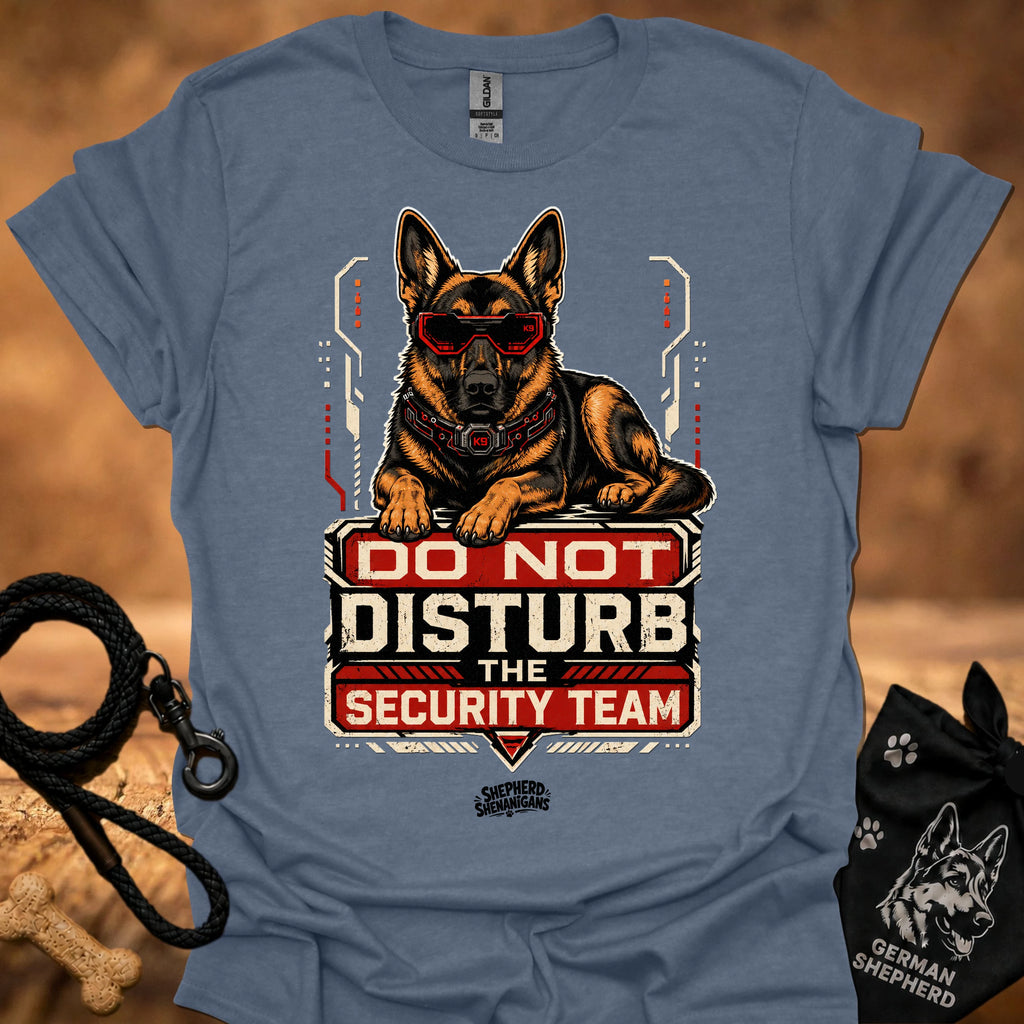 Do Not Disturb Security Team II T-shirt, heather blue, German shepherd badge graphic