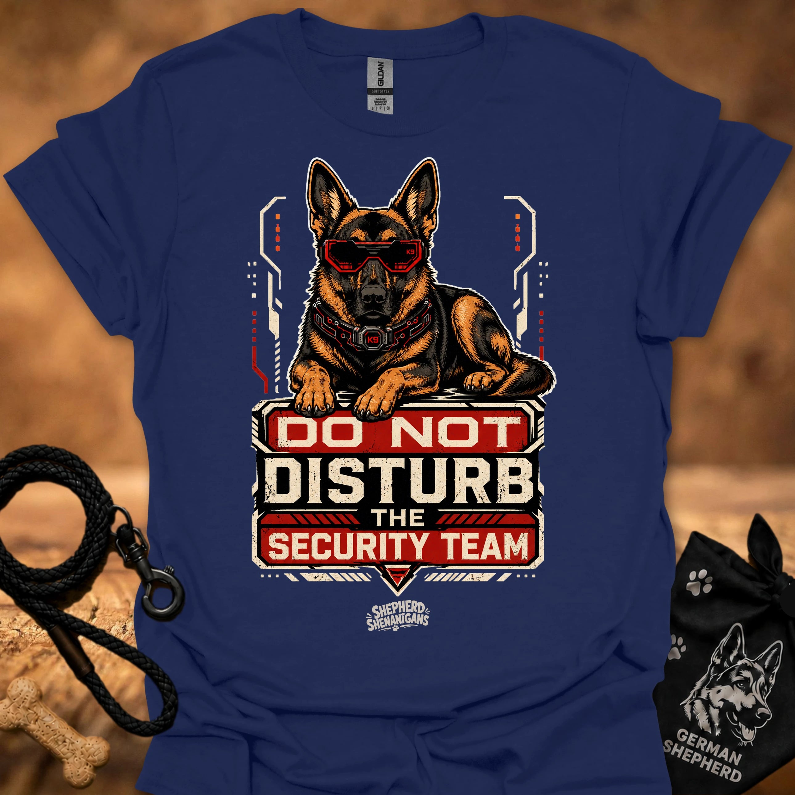 Do Not Disturb Security Team II T-shirt, navy blue, German shepherd badge graphic