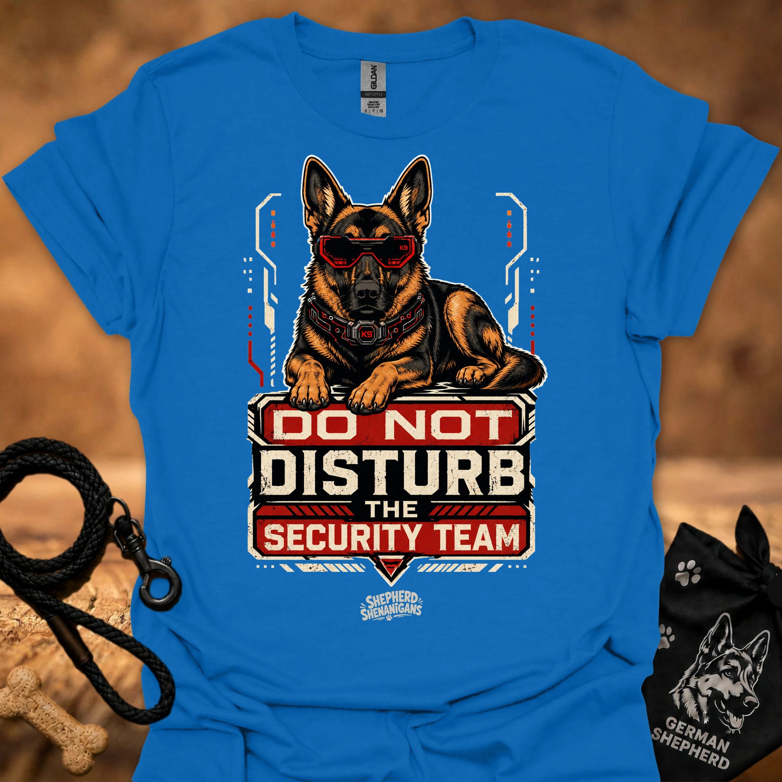 Do Not Disturb Security Team II T-shirt, royal blue, German shepherd badge graphic