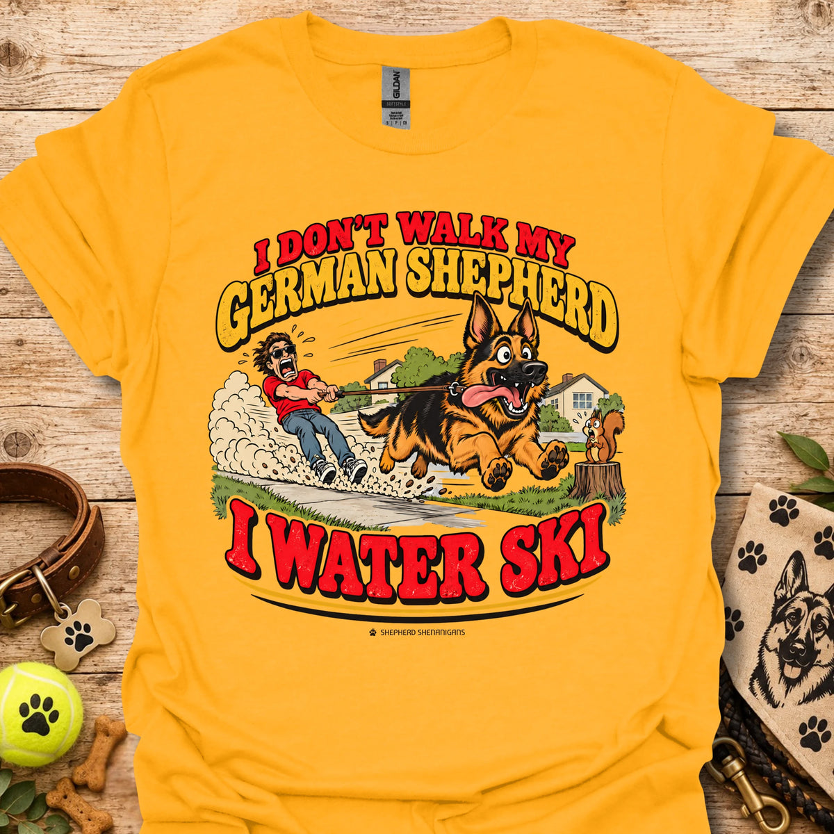 Gold T-shirt with German Shepherd water ski graphic, crew neck short sleeves